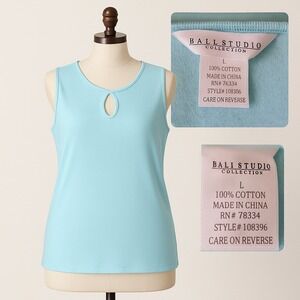 Bali Studio Collection Large Women Shirt Top Blue 100% Cotton Keyhole Workwear